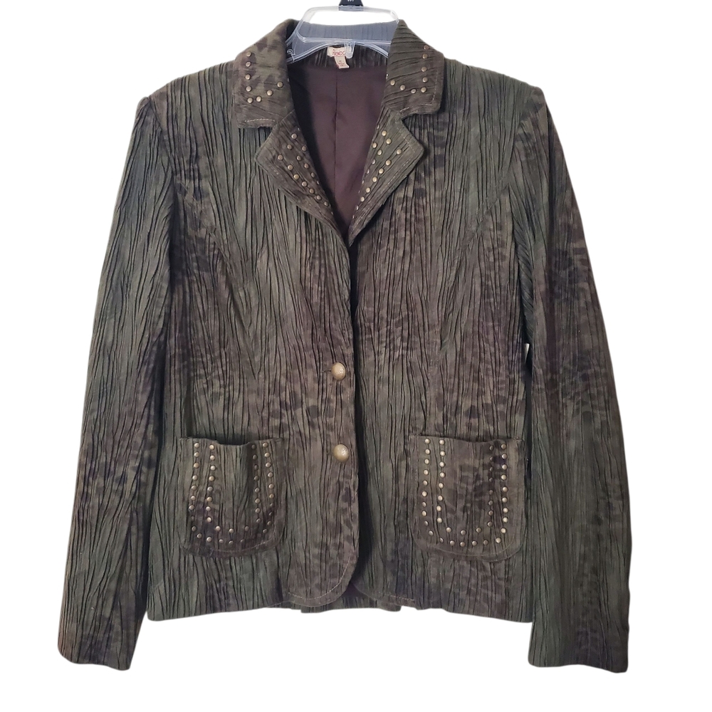 Vintage Reba Olive Green Animal Print Beaded Stud Blazer Jacket SM Womens ($158)